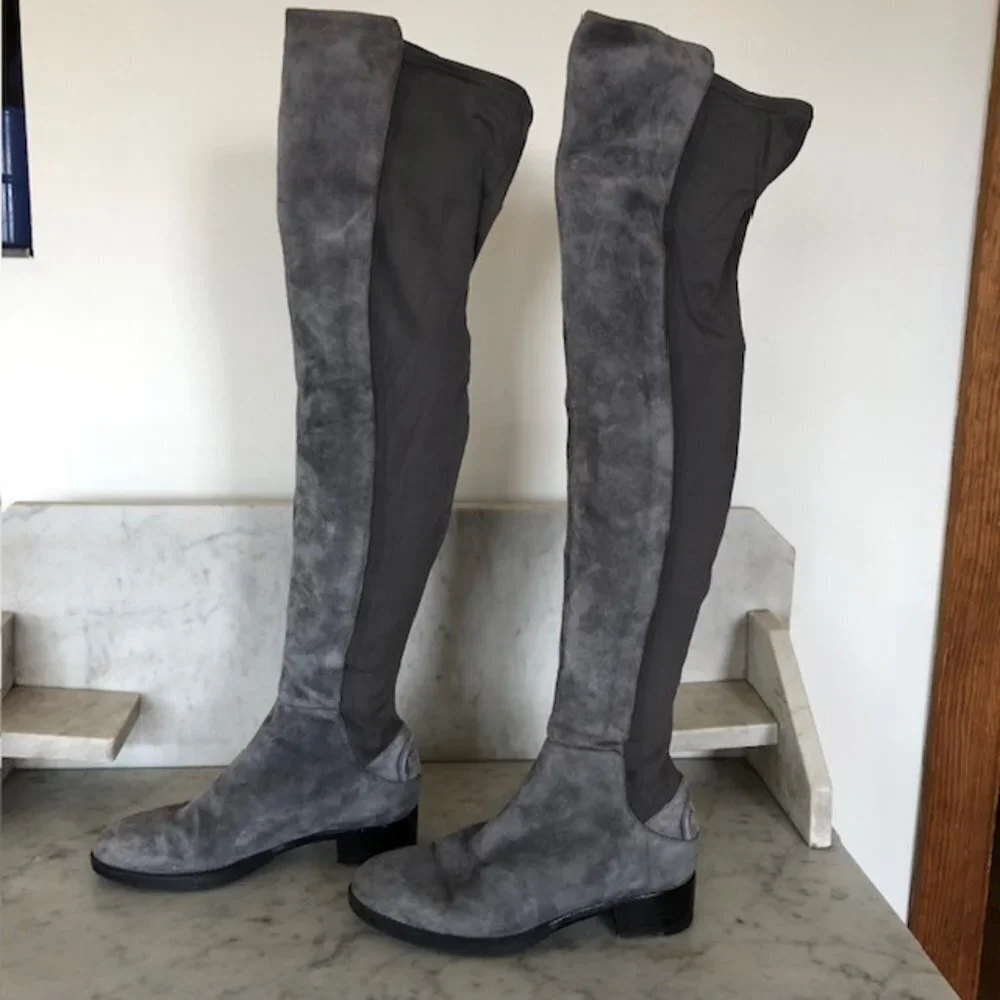 TORY BURCH Caitlin Over Knee Gray Elastic Stretch Suede  Boot 6M